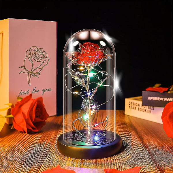 Skönheten och odjuret Roslampa i glaskupolen, evig ros konstgjord blomma med ledljus, present till kvinnor tjej på födelsedag Alla hjärtans dag nattfjäril
