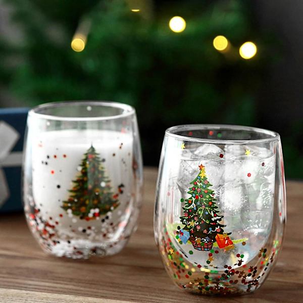 Glitter julgran kopp transparent dubbelväggig vatten mjölk kaffe glas