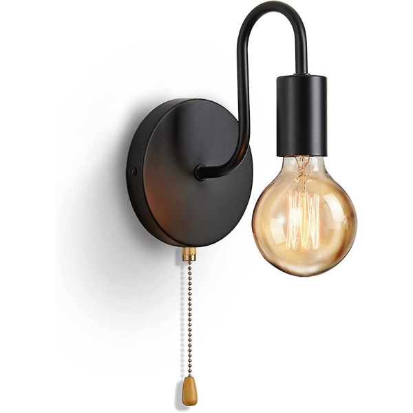 Vintage vägglampa E27 Standarduttag Industriell inomhus metalllampa med strömbrytare (ingen glödlampa, svart)