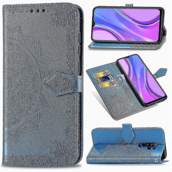 Xiaomi Redmi 9 Case Læder Pung Cover Præg Mandala Magnetic Flip Protection Stødsikker - Blå