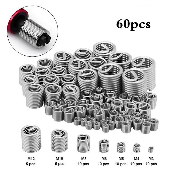 60 st rostfritt stål gängreparationskit M3 M4 M5 M6 M8 M10 M12
