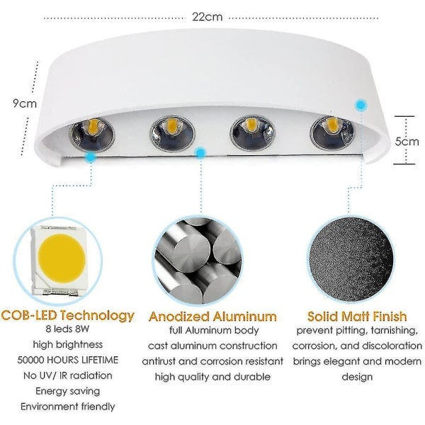 8w LED væglampe - Indendørs udendørs væglampe Ip65 Justerbar op og ned vægbelysning Hvid til hjem soveværelse stue gang trappe