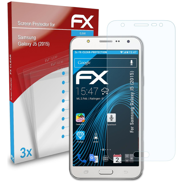 atFoliX 3x beskyttelsesfolie kompatibel med Samsung Galaxy J5 (2015) Displaybeskyttelsesfolie klar