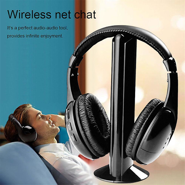 Trådløse Hovedtelefoner Kablet Headset 5-i-1 Fm Monitor Lyd Cd Tv Mp3 Pc Sort Ny