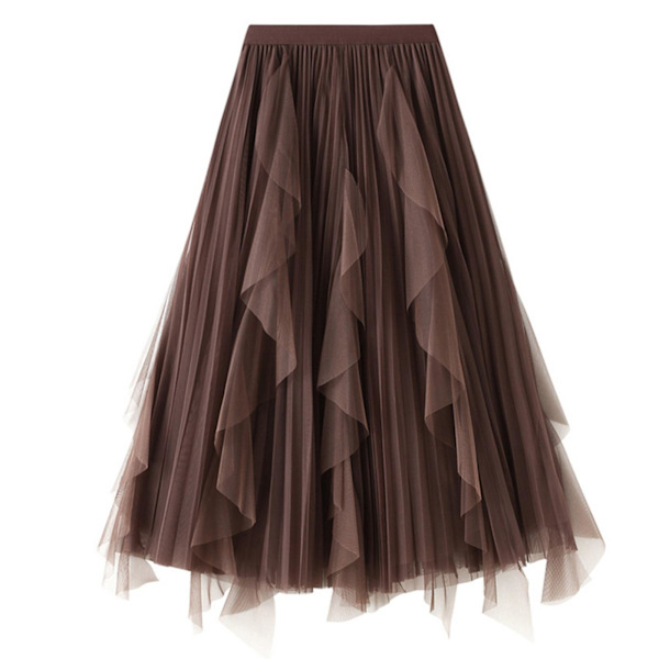 Sommerkjole til kvinder - Solid Ruffled Swing Patchwork Net Garn Elastisk Talje Plettet Skørt