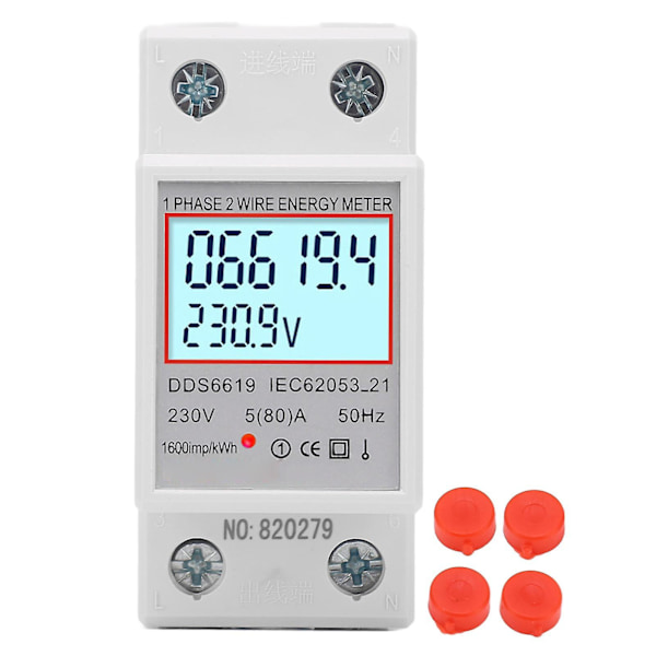 Digital LCD Elektricitetsmåler Enkelt Fase 230V AC 5A, DIN Skinnemontering, Baggrundsbelyst