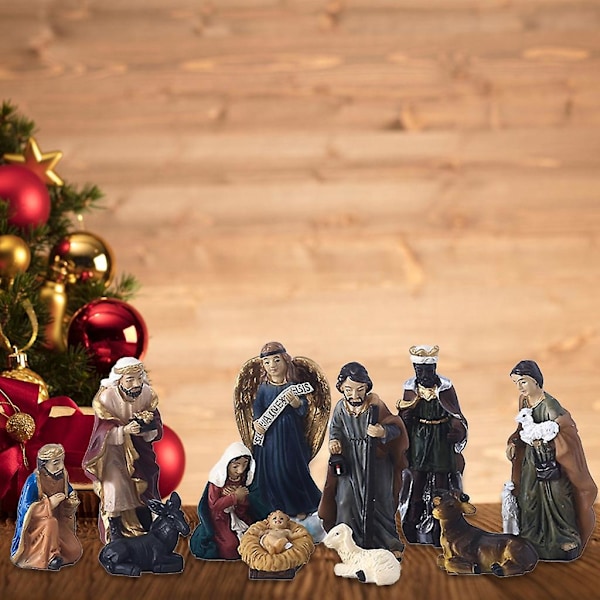 Julkrubba Figur Set Krubba Heliga Familjen Scen Julgransprydnad 11 st