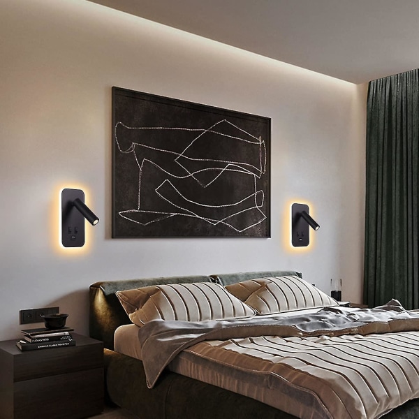 Led væglampe, læselys ved sengekanten med kontakt, USB-opladningsport, stemningsbelysning i soveværelset Justerbar spotlight (3w 3000k + 9w 6000k) Sort