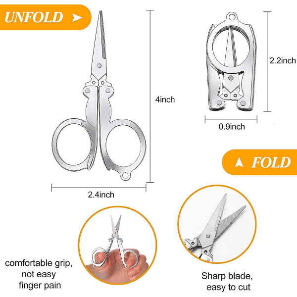 3-pack hopfällbara saxar i rostfritt stål, små hopfällbara saxar, bärbara resesaxar, mini hopfällbara saxar för hem, resor, silver