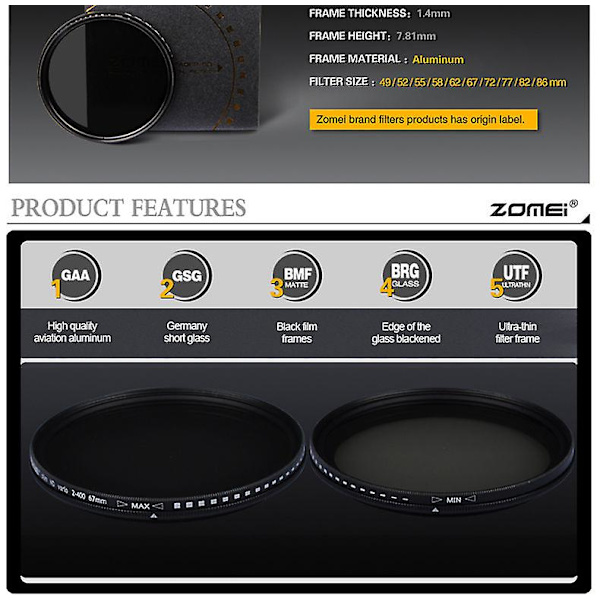 Zomei 52/55/58/62/67/72/77/82mm Justerbar Neutral Density Fader Filter Nd2-400