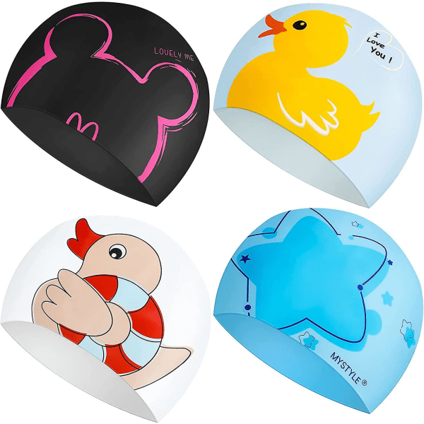 4 delar Silikon cap för barn Tecknad simmössa Barn vattentät cap