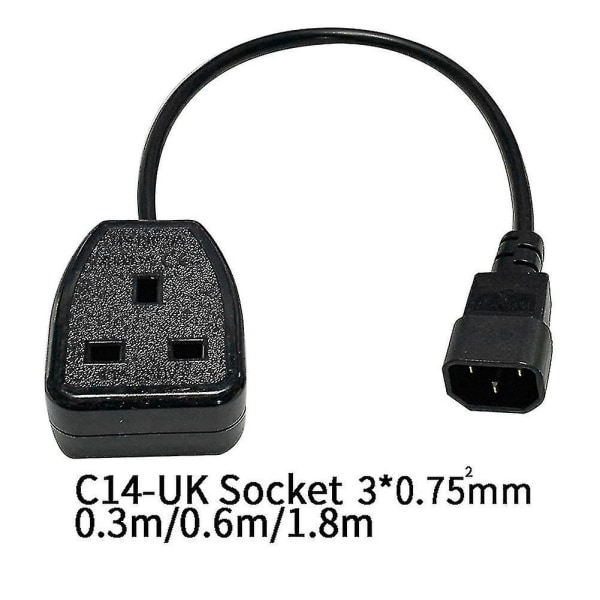 Iec C14 hannplugg til britisk 3pins hunnkontakt strømadapterkabel (0,3 m)