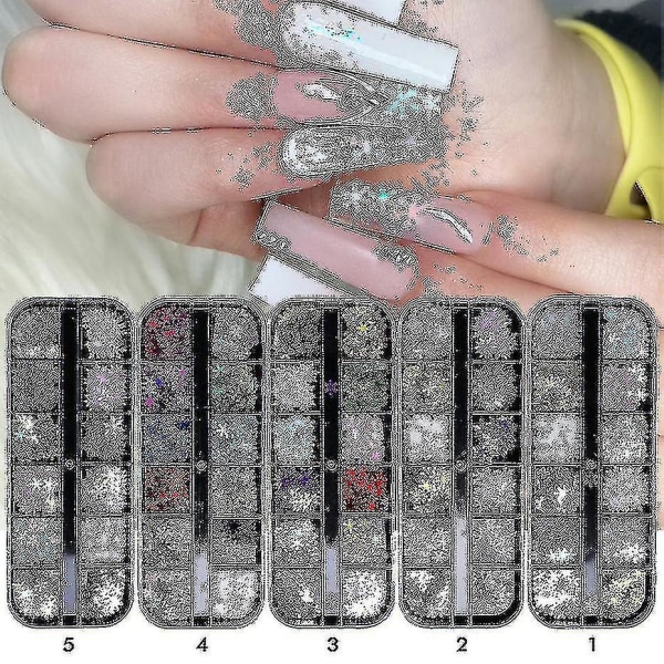 5 laatikkoa Joulunaulat Koristeet Holografiset Lumihiutale Kynsi Glitter Joulukynsi 3D Lumihiutale Nail Paljetit Star Glitter Teese itse manikyyri Laser Ac (ru