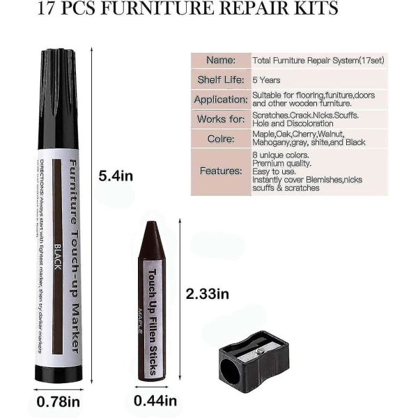17 stk. reparasjonssett for tremøbler og voksstenger med blyantspisser for flekker, riper, tregulv, bord, skrivebord, trearbeidere.