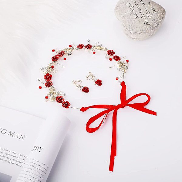 Blomster Hodeplagg Kroner Hodebånd Øredobber Smykkesett Brud Bryllup Røde Tiaraer Hvite Krystall Rhinestone Perle Hodeplagg Lange Vinstokker Rose Jente Kvinner Chri