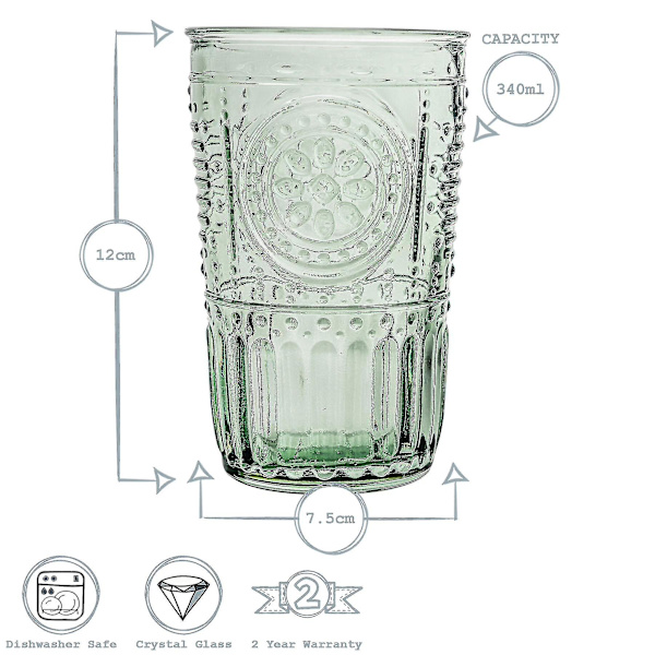 4x Romantiske Highball-glas dekoreret vand juice cocktail tumblere 340ml grøn