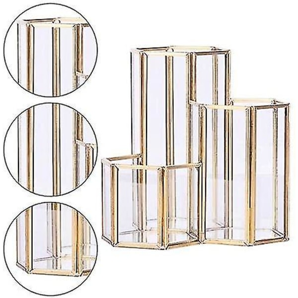 Pot Grave; Hexagon Klar Glas Multifunktionel Makeup Blyant Skrivebords Opbevaringsboks Til Opbevaring Af Kosmetik Og Andre Genstande 116mm Guld 1 Stk