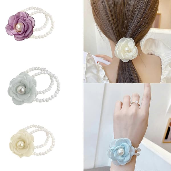 Elastisk perlearmbånd blomsterhårscrunchies til kvinder blomsterhårholder blomsterhårbånd armbånd perlehårbånd sort Black