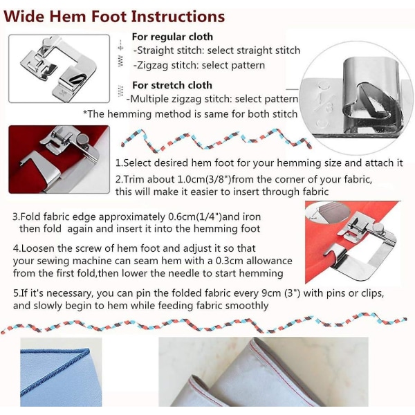 3 storlekar bred rullad fåll pressarfot symaskin pressarfot fållare fot set 1/2 tum, 3/4 tum, 1 tum, för låg skaft symaskin