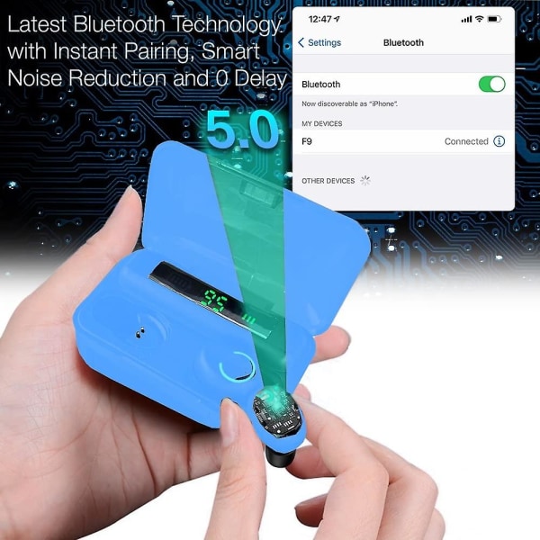 Trådlösa Bluetooth hörlurar med case, inbyggd mikrofon, brusreducering, vattentät (blå)