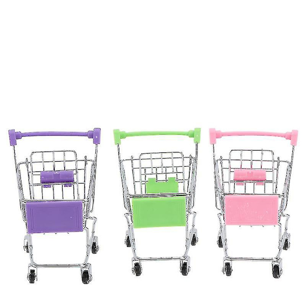Mini handlekurv for barn, late som leker, jern sminkeoppbevaring dagligvarevogn med galvanisering (3 stk, lilla, grønn, rosa)