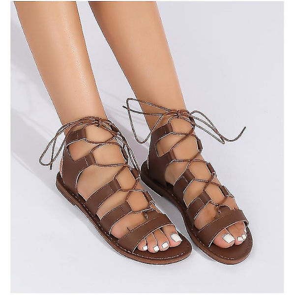 Sandaler til kvinder, sommerflade, behagelige krydsrem, gladiator-flade sko, afslappede strandsandaler brown 2 38