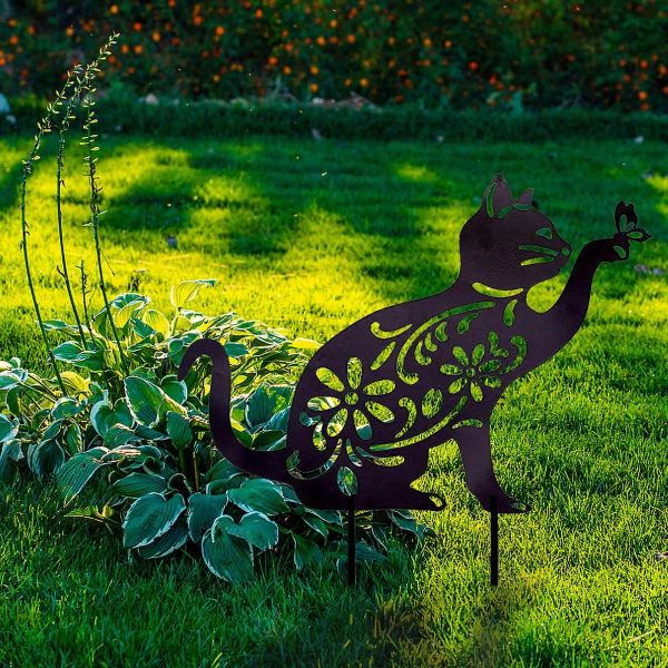 Utendørs smijern katt og sommerfugl stil plug-in hage dekorasjon ornamenter