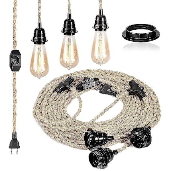 E27 2-ledare linne elektrisk kabel tvinnad elektrisk kabel för belysningsarmaturer med justerbar strömbrytare och 6,8 m lamphållare (tre lamphållare)