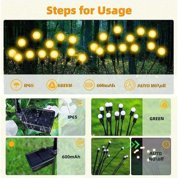 2 Pakke Solcelle-ildfluer Lys Utendørs, Solcelle Led-ildflue Plugglys, Solcelledrevet Ildflue Lys, Utendørs Solcellelamper, Solcelle Hage Lamper-10 Led Perler