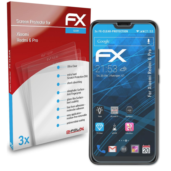 atFoliX 3x beskyttelsesfolie kompatibel med Xiaomi Redmi 6 Pro Displaybeskyttelsesfolie klar