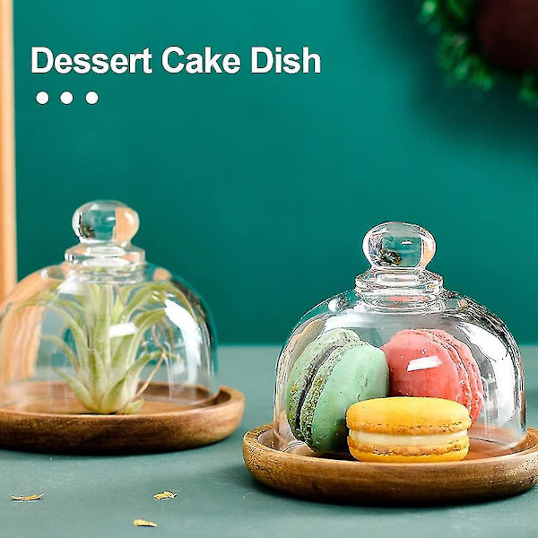 Tårtställ med kupol - Liten genomskinlig glasdessertklocka med serveringsbricka i trä, serveringsplatta, cupcake-display, kupolservering, tårtställ för C