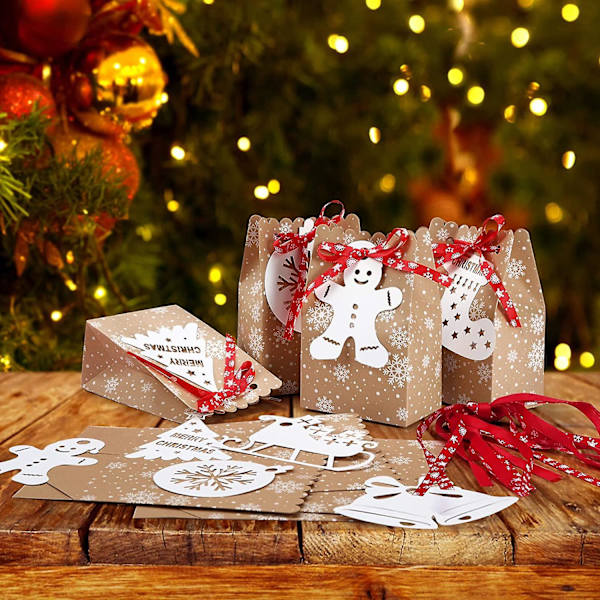 24-pakke Juleposer Julerisposer Gaveposer i Kraftpapir med Etiketter for Julefestforsyninger