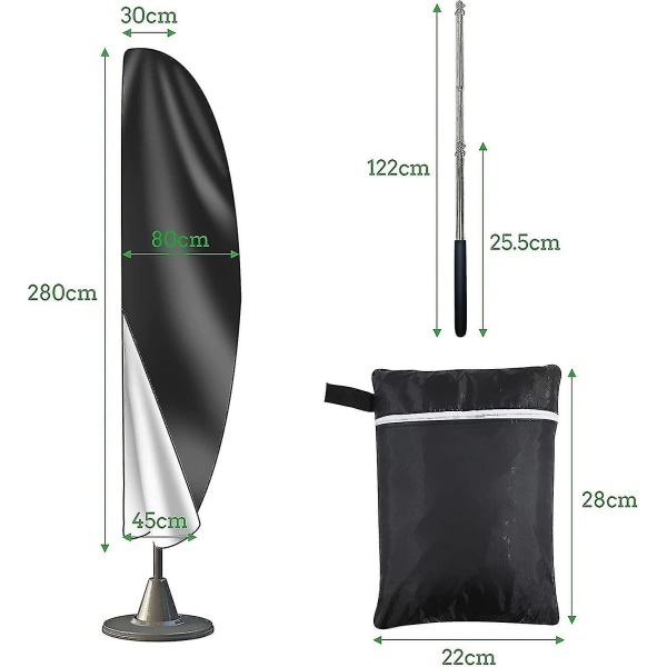 Parasoldæksel 3m 4m Med lynlås 1,4m Lang Med Teleskopstang, 280x30/80/45cm.