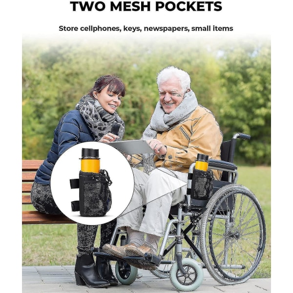 Kopholder til rollator - kopholder til kørestol, universel drikkeholder, vandflaskeholder med netlommer, sort