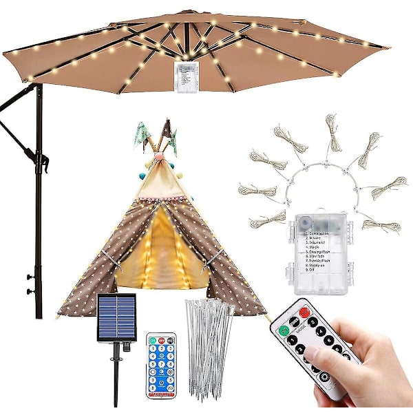 Parasol Lys, 8 Tilstande Patio Paraply Lys Med 104 LED'er, Vandtæt Have Parasol Lys Solenergi Drevet, Dæmpbar Med Timer Fjernbetjening