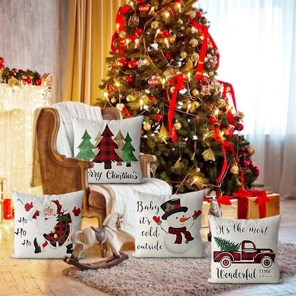 Set med 4 juledekorasjonsputetrekk 18x18in juledekor snømann bondegård putetrekk God jul hjemmedekor bomullslin putetrekk