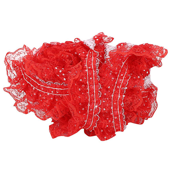 Röd 45 mm veckad trim mesh spetsband med tryckta prickar och paljetter broderi - 5 yards, DIY hantverk