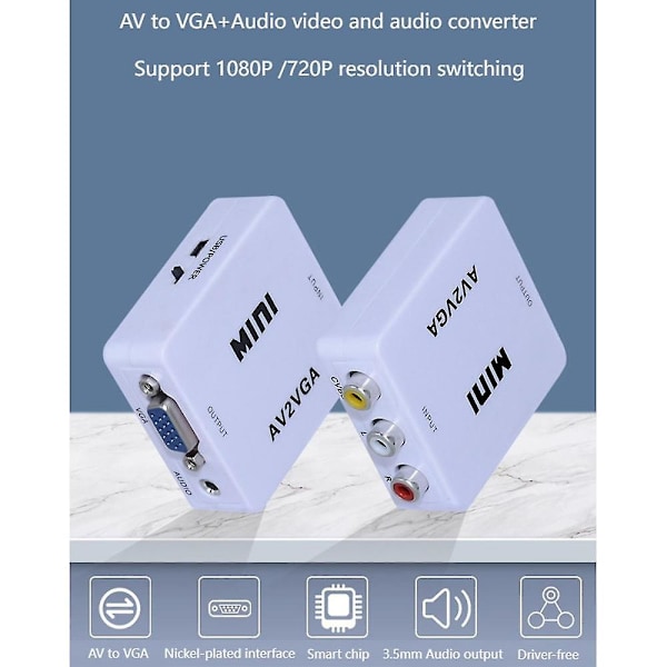 AV (RCA) - VGA -ääni- ja videomuunnin, tukee resoluutiota 1080p / 720p, 3,5 mm ääniliitäntä