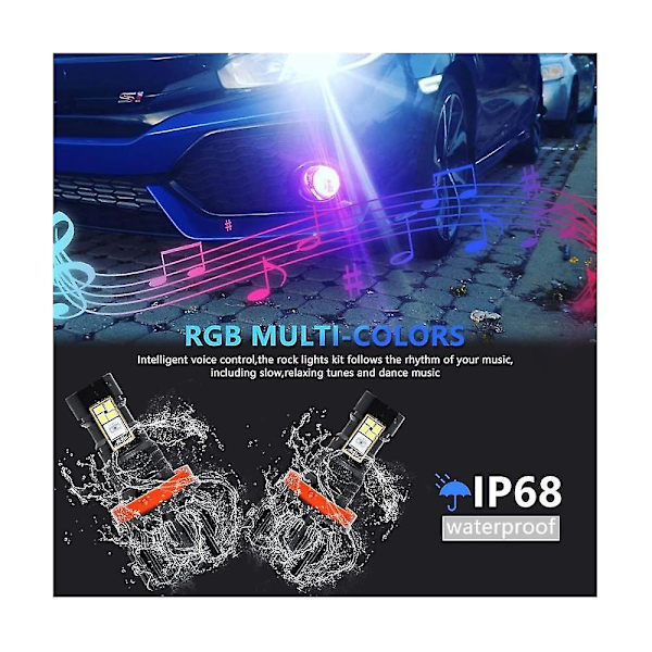 Auton LED RGB -ajovalot, sovellusohjattu Bluetooth-yhteensopiva monivärinen LED-sumuvalolamppu, 9012