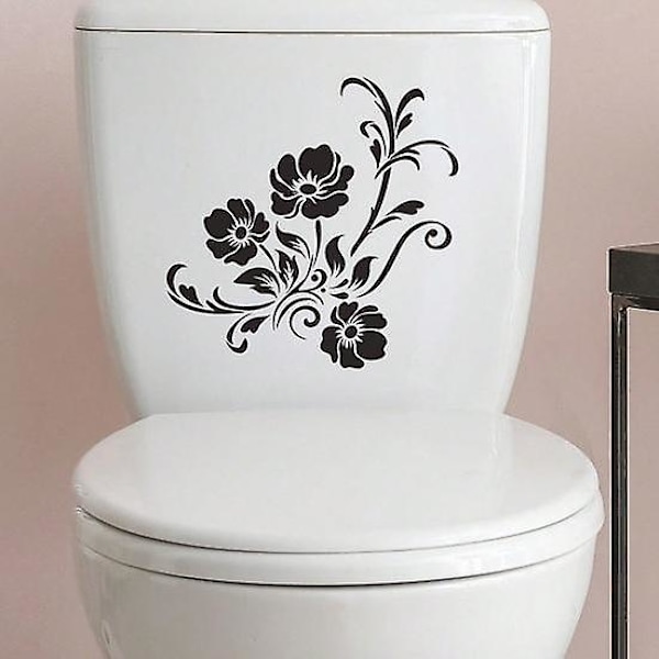 Toalettlock-dekal, självhäftande, stark vidhäftning, DIY, avtagbar, vattentät, svart blomma, väggkonst