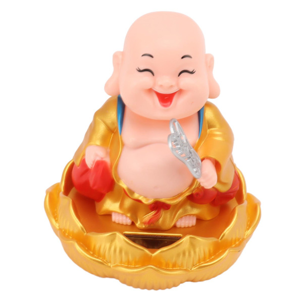 Solcells nickande Maitreya Buddha staty bilprydnad - rikedom och förmögenhet skakande huvudleksak, gyllene kläder