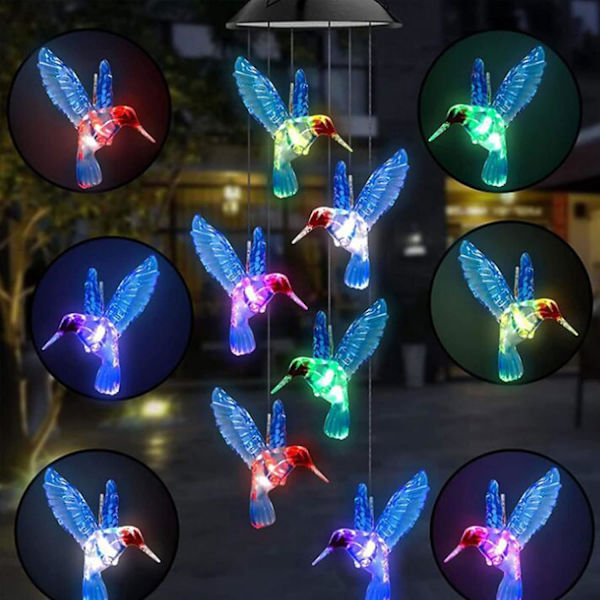 Solcelled Kolibri Vindklokker Fargeskiftende LED Utendørs Hengende Vindklokker For Julehage Lys