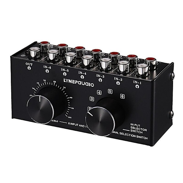 6 Input 1 Output Switcher Audiokildevalg Switcher RCA Audio Input Signal Selector Switch med Volumenjustering og Manu