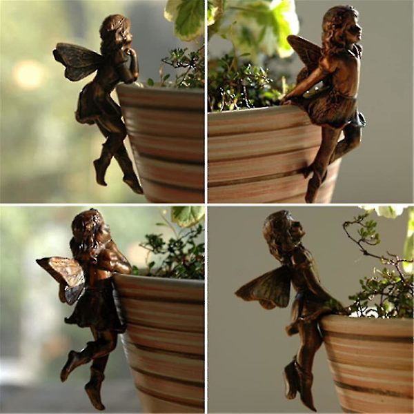 Blomsterfe Pottet Vedhæng, Hjemmehave Fe Harpiks Håndværk Statue (4 Stykker, Brun)