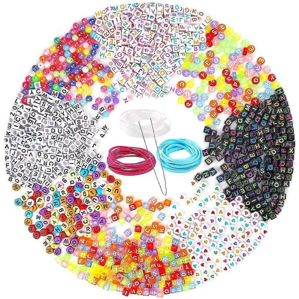 1300 stk 8 farger akryl alfabet kube perler Bokstav perler med 3 ruller 50m krystallstrengsnor for smykkefremstilling