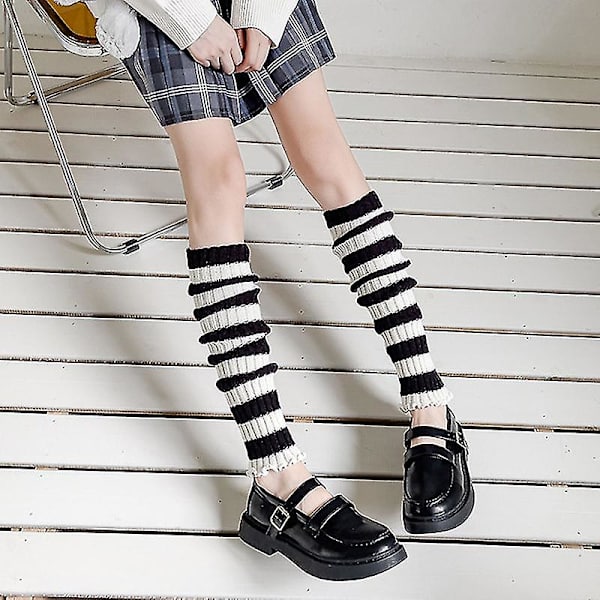 1 Par Leg Warmers Knæhøye Svart Hvit Stripe Strikket Elastisk Supermyk Hold Varme Kontrastfarge Høst Vinter Kvinner Støvletter Strømper For Utendørs Qi