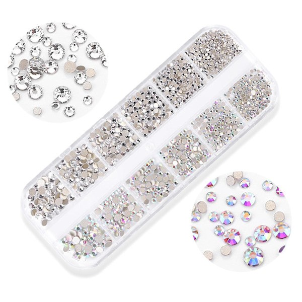 1800 st Nail Arts Rhinestone Kit Crystal Ab Dekoration Gems 6 Storlekar (1,6-4 mm) Rund Iridescent Glas Flatback Glitter Diamant Charms Gem Stone För 3