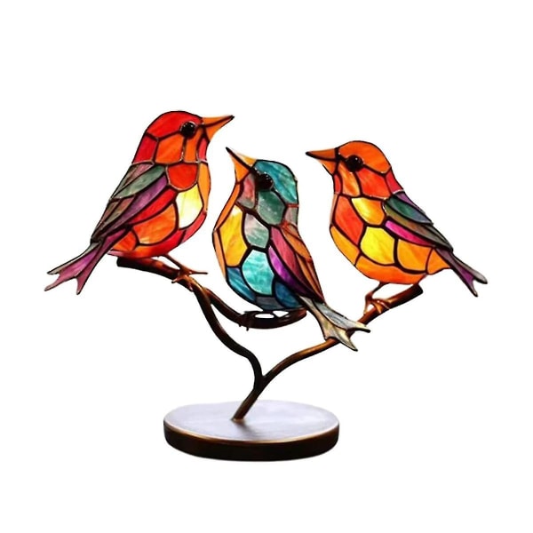 Farget glass fugler på grenen skrivebordspynt, dobbeltsidig flerfarget fuglefarger ornament