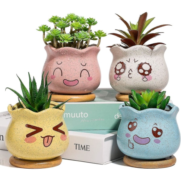 Ceramic Flower Pot With Bamboo Tray And Cute Emoticon Decor, Succulent Jar Pretty Decoration For House Shelf Desk Garden Lounge (4pcs)