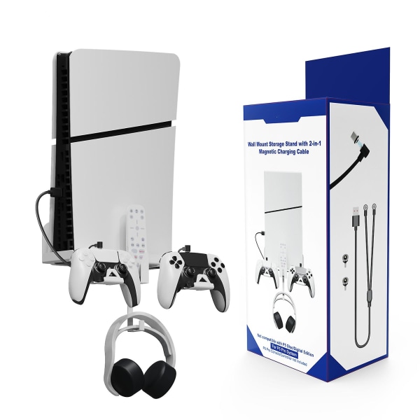 Väggmonteringsställ för PS5 Slim/ps5-konsol med 2-i-1 magnetisk laddningskabel, avtagbar kontrollhållare och hörlurshängare